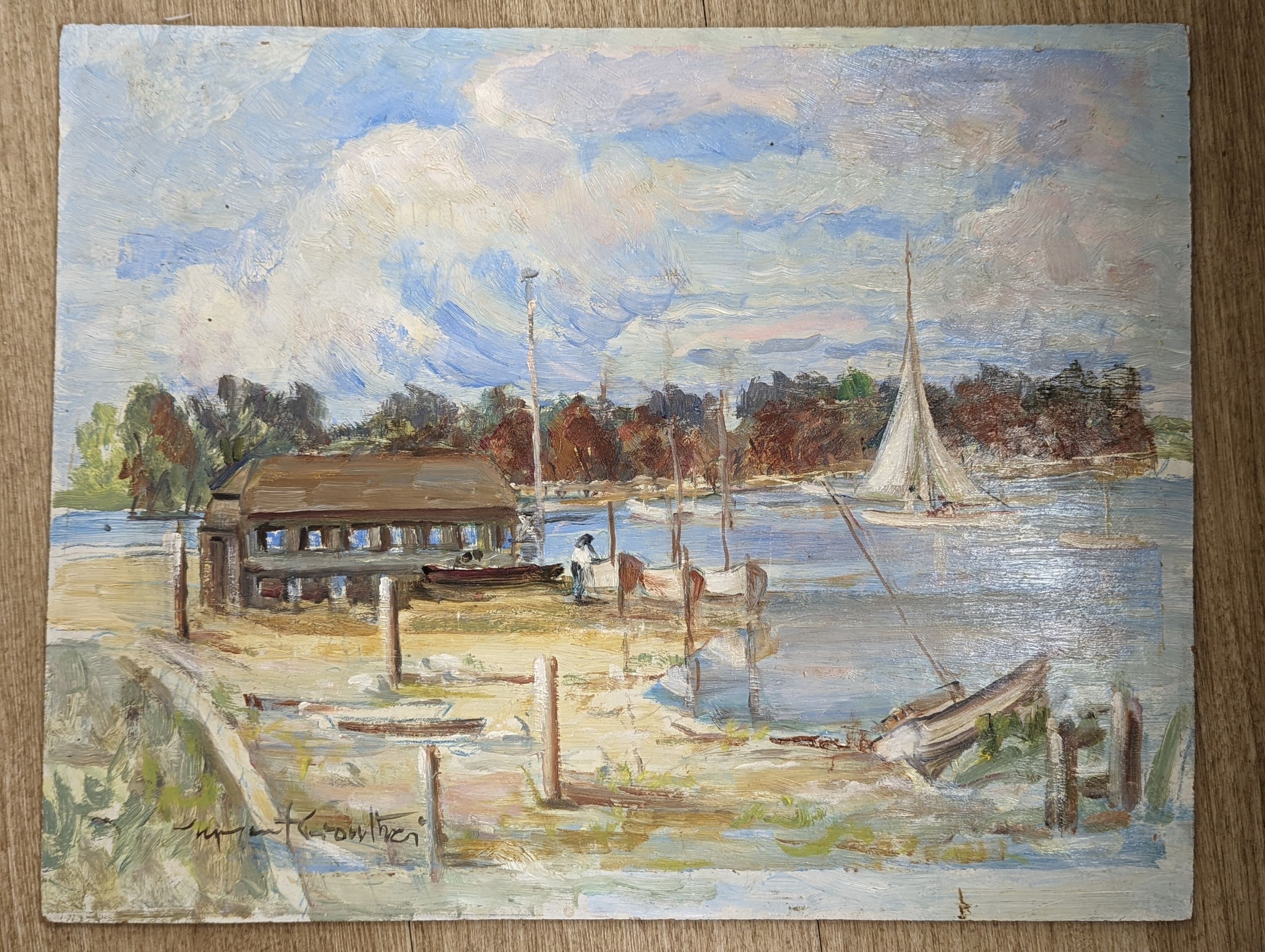 Stephen Crowther (1922-), oil on board, Yachts in harbour, signed, 40 x 51cm, unframed
